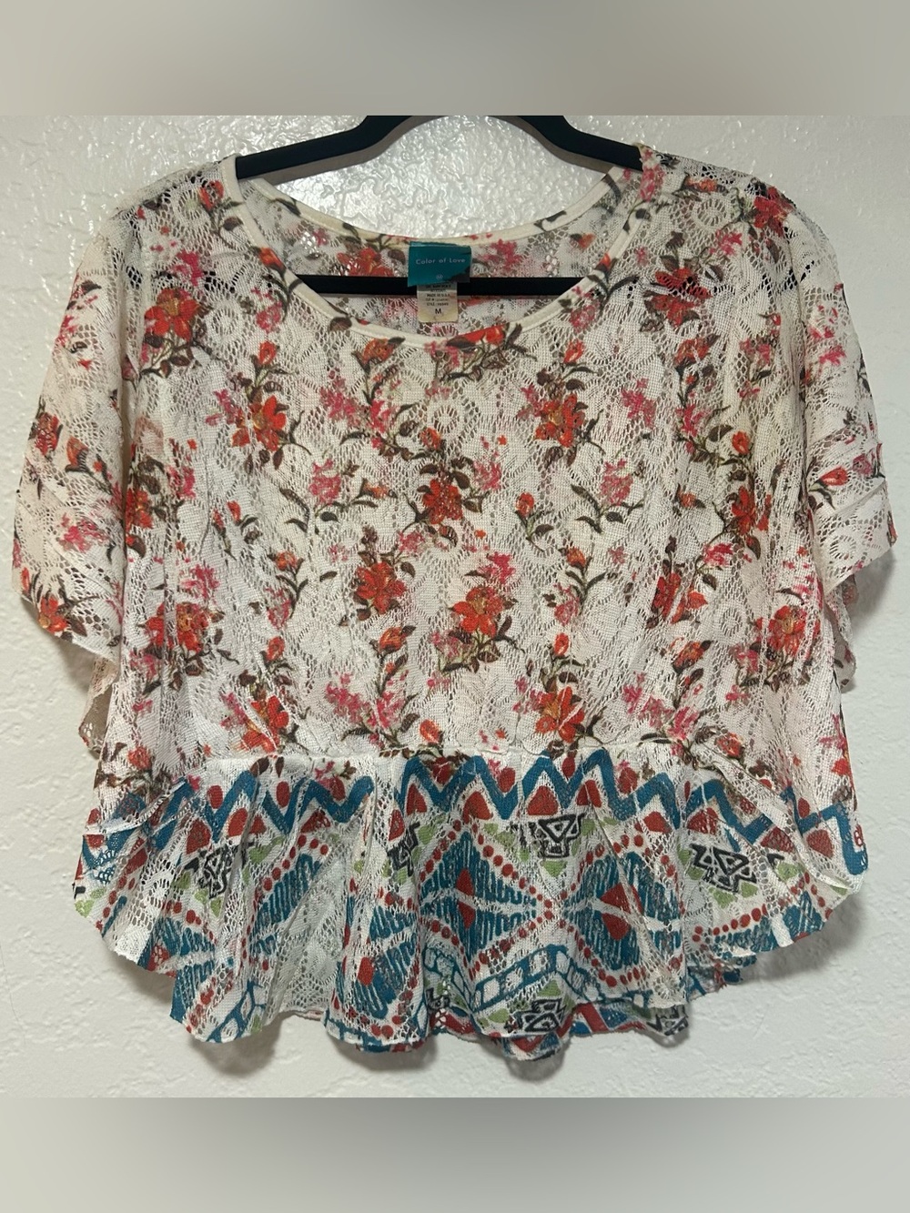 Color of Love Cream Lace Floral Peplum Top with Multicolor Hem/Batwing Sleeves